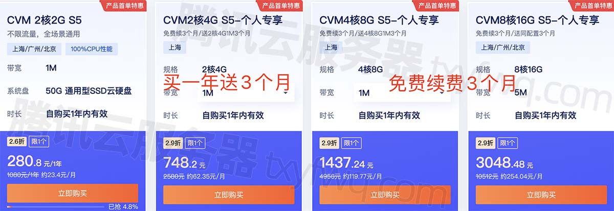 腾讯云S5服务器优惠价格表