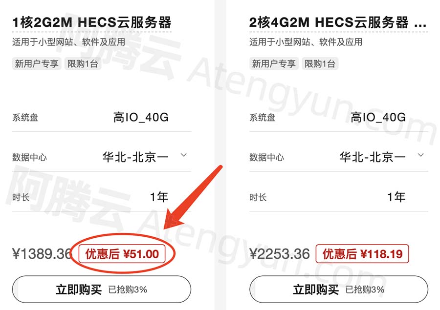 华为云HECS云服务器1核2G2M优惠价格51元一年